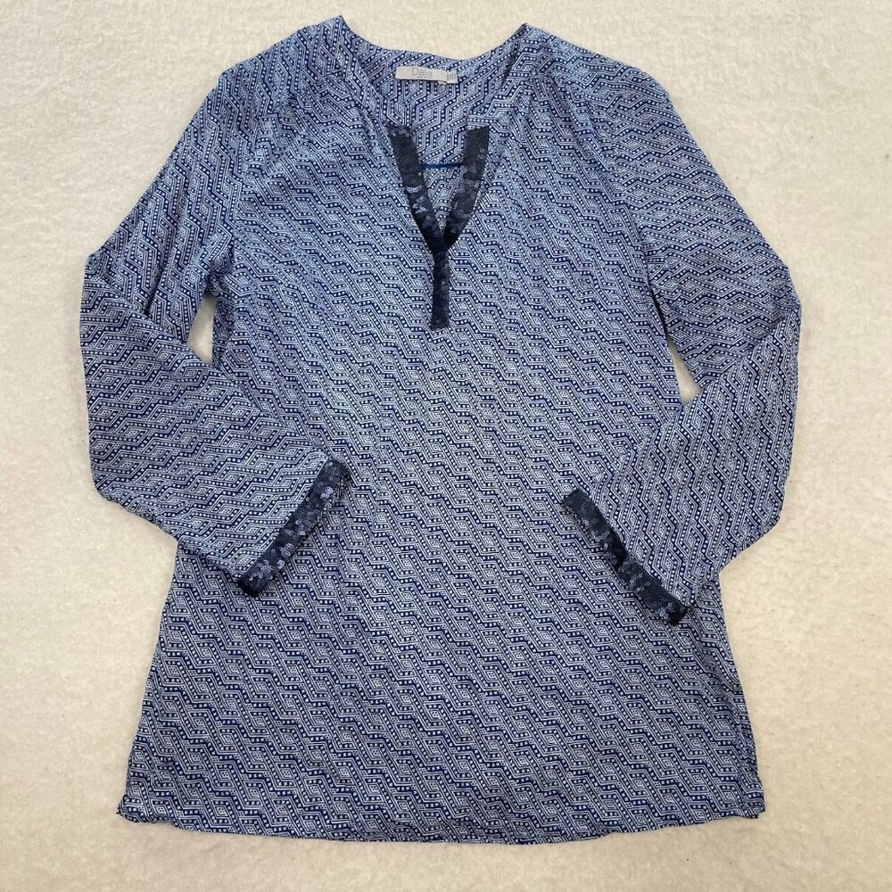 Dalia Blue & White Print Boho Cotton Tunic Top Blouse Size Medium